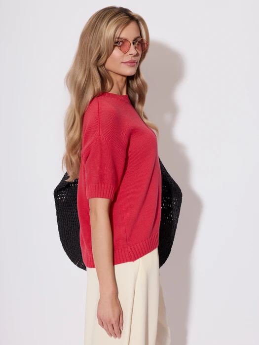 SWETER Z KRÓTKIM RĘKAWEM I ŚCIĄGACZEM MALINOWY