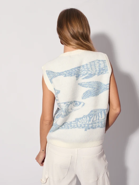 KAMIZELKA WZÓR RYBY Z OKRĄGŁYM DEKOLTEM BIAŁA