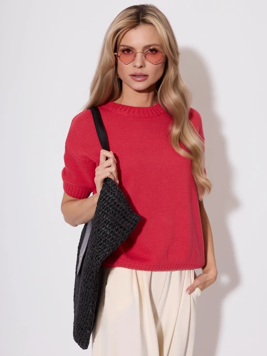 SWETER Z KRÓTKIM RĘKAWEM I ŚCIĄGACZEM MALINOWY