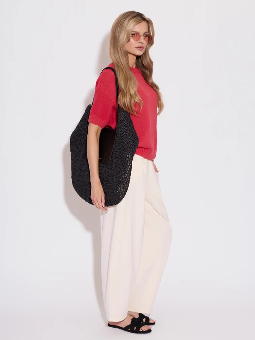 SWETER Z KRÓTKIM RĘKAWEM I ŚCIĄGACZEM MALINOWY