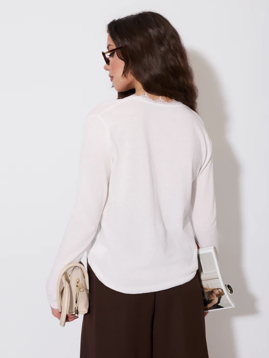 SWETEREK ZAPINANY NA GUZIKI DEKOLT KORONKA BIAŁY