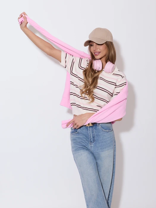 SWETER Z KRÓTKIM RĘKAWEM I KOŁNIERZYKIEM ECRU